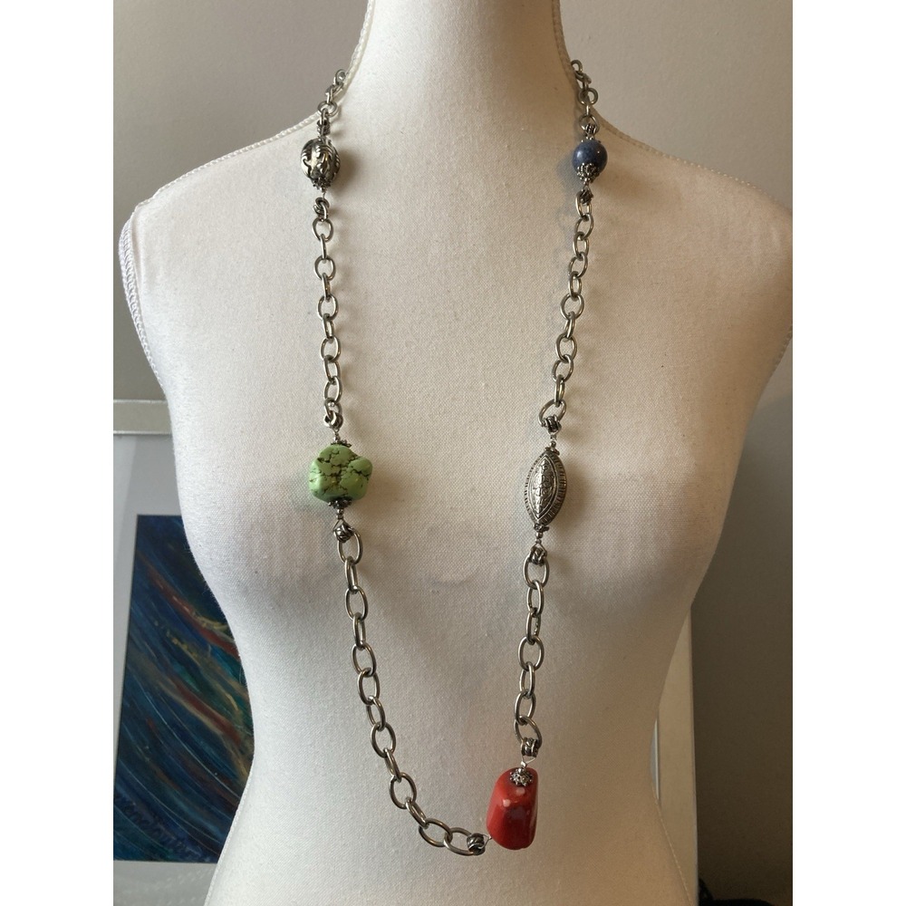 Vintage Silver Tone Long Chain Necklace Mixed Beads Filigree Green Blue Red